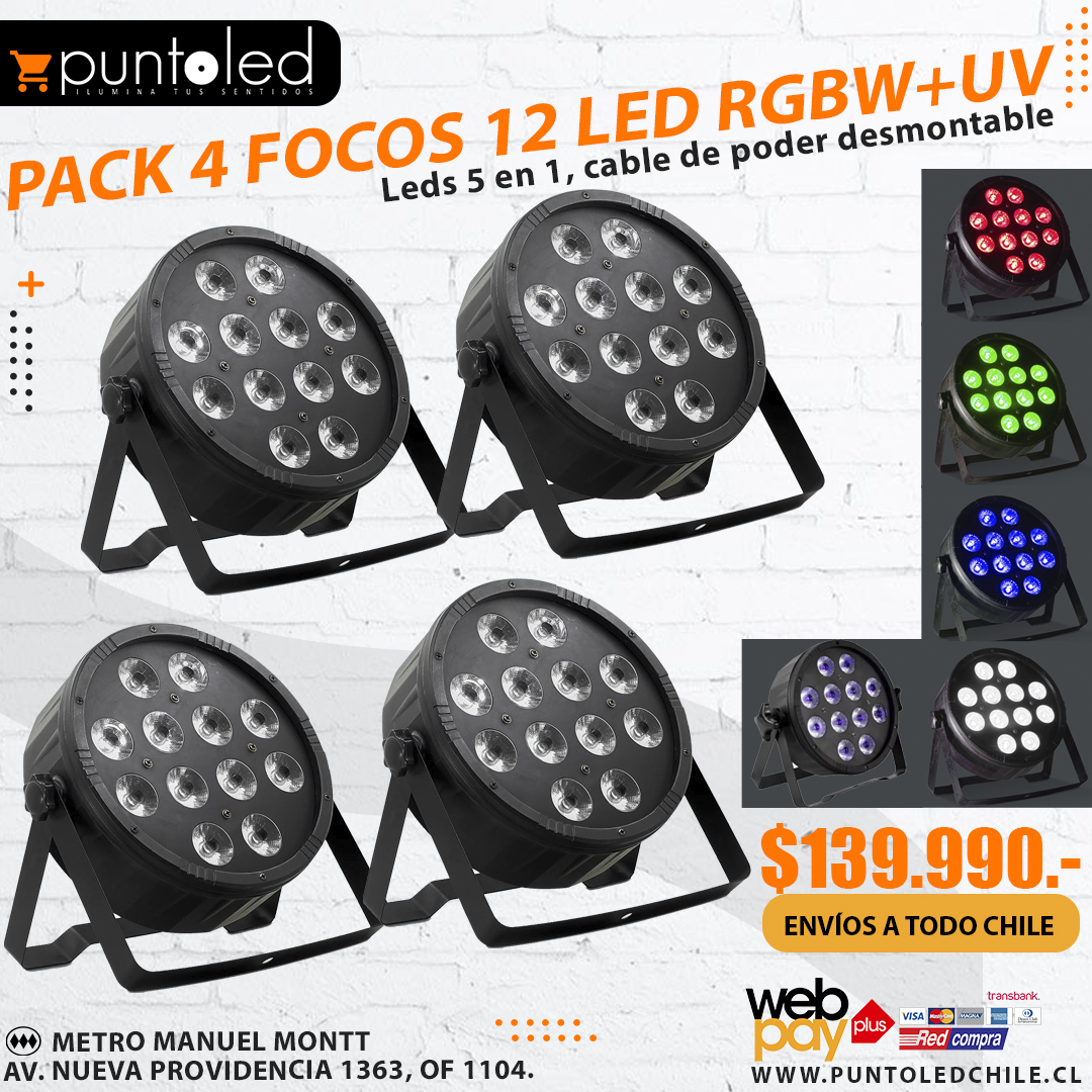 Pack 4 Focos 12 led rgbwUV - Punto Led Chile