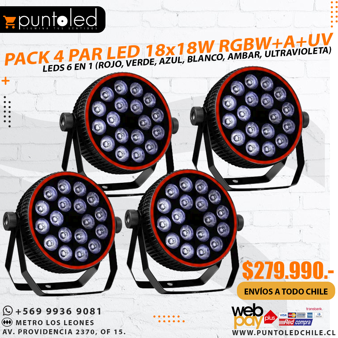 Pack 4 focos 18x18 rgbwauv punto led chile