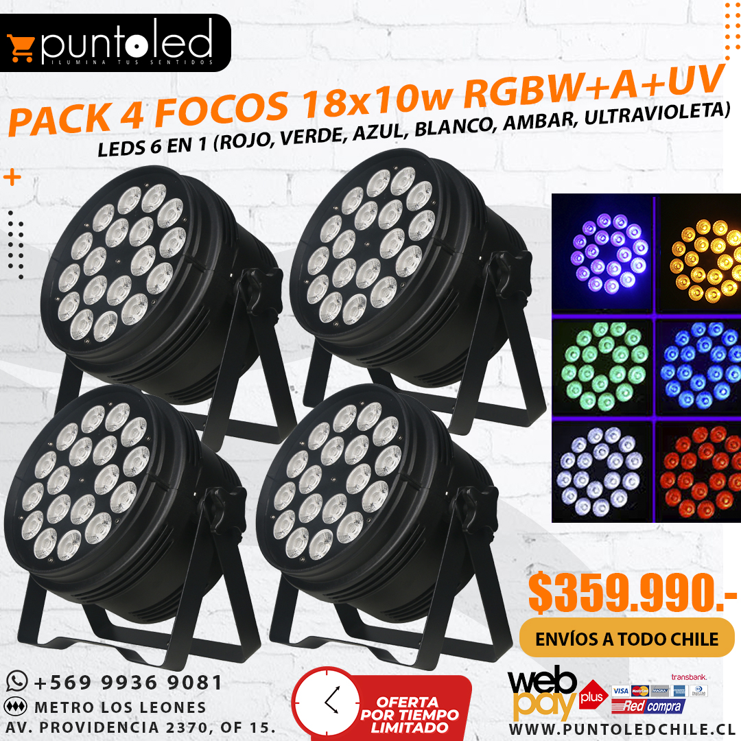 Pack oferta 4 focos 18x10w rgbwauv - punto led chile