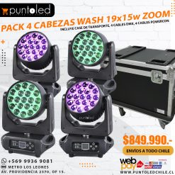 Pack 4 Cabezas móviles wash 19x15w zoom con case de transporte